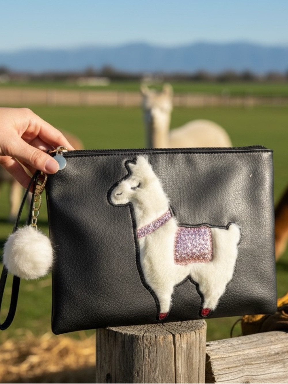 Lauren Conrad fuzzy lama wristlet / cosmetic bag